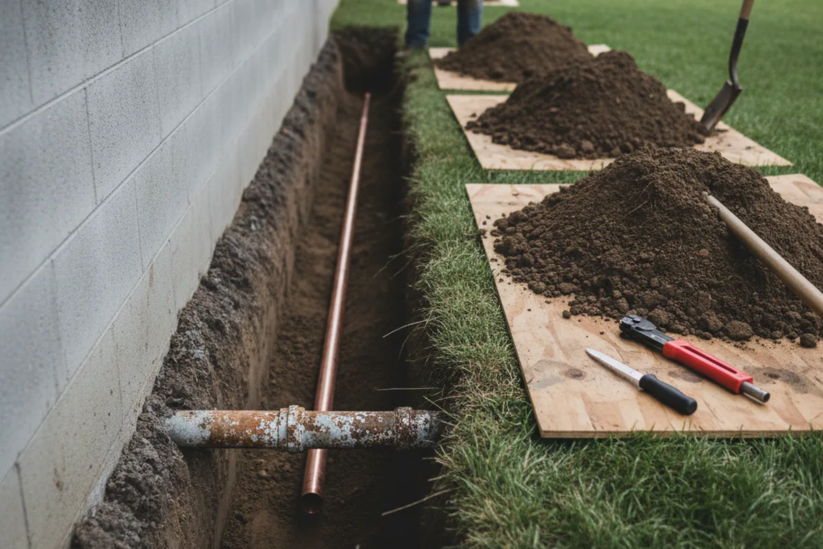Excavated water line trench during Sewer Line Repair in West Newton